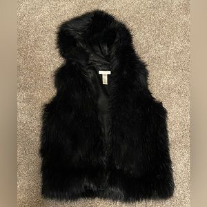 Black Faux Fur Vest with Hood. Size M